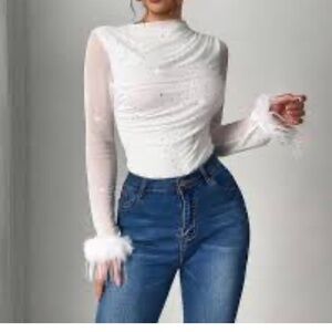 SHEIN Sparkling Top with Feather Cuffs